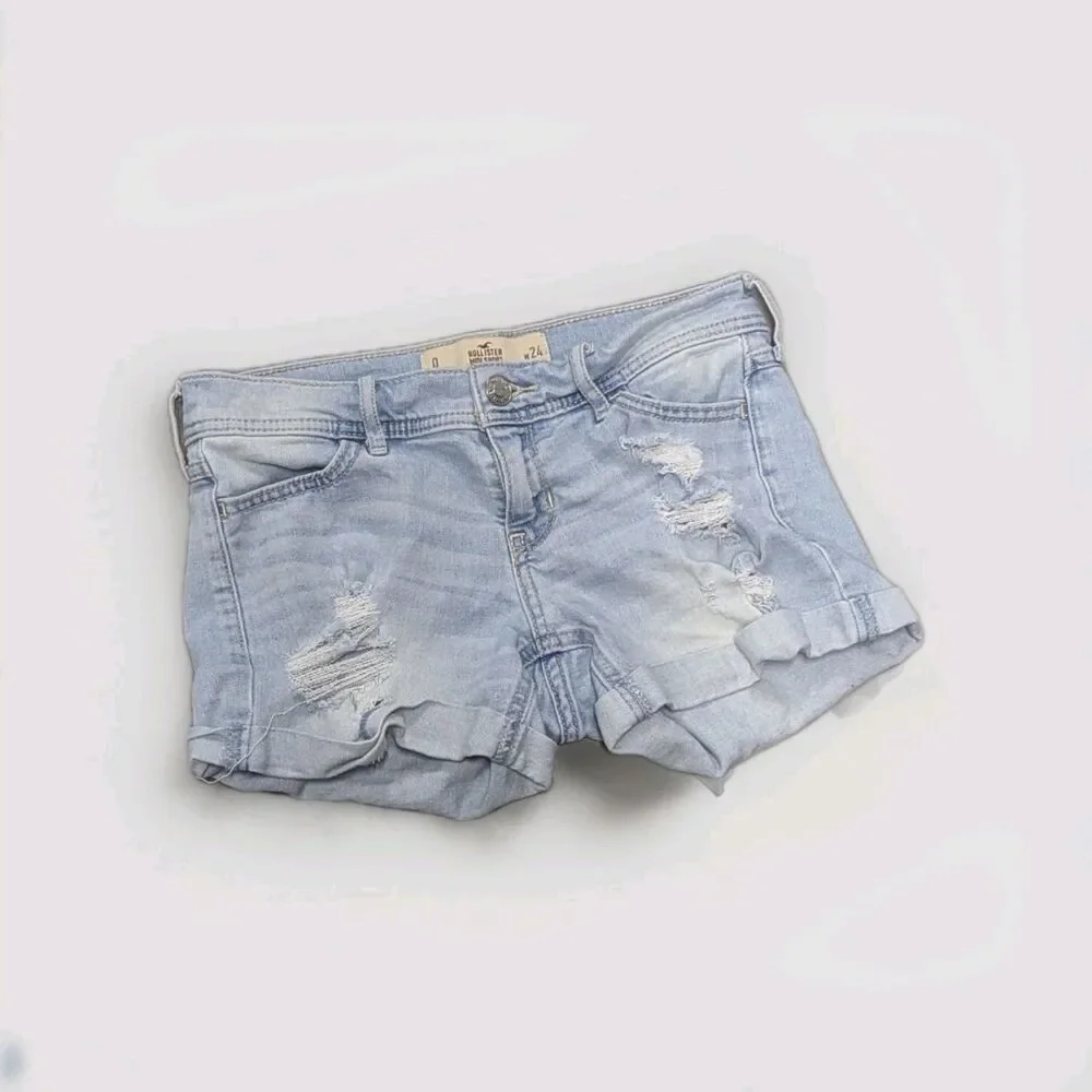 Hollister Size 0 Women's‎ Light Blue Distress Midi Denim Jean Shorts